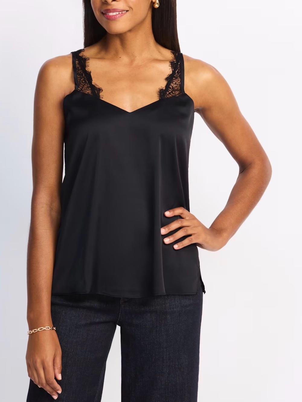 NWT Nine Britton Lauri Lace Trim Cami Top - Black Size L